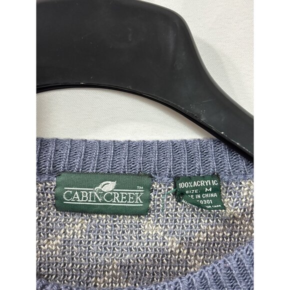 Vintage 80s Cabin Creek Blue Cream Sweater M Nordic Geometric Pattern Floral - Picture 4 of 5